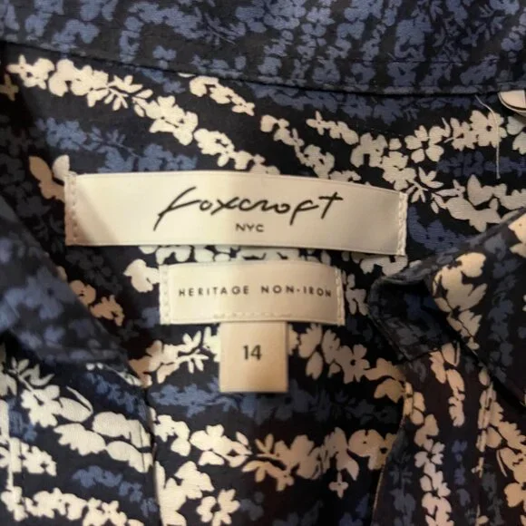 Foxcroft No-Iron Shirt Women's 14 Blue Black White Print Long Sleeve Used - Picture 7 of 12